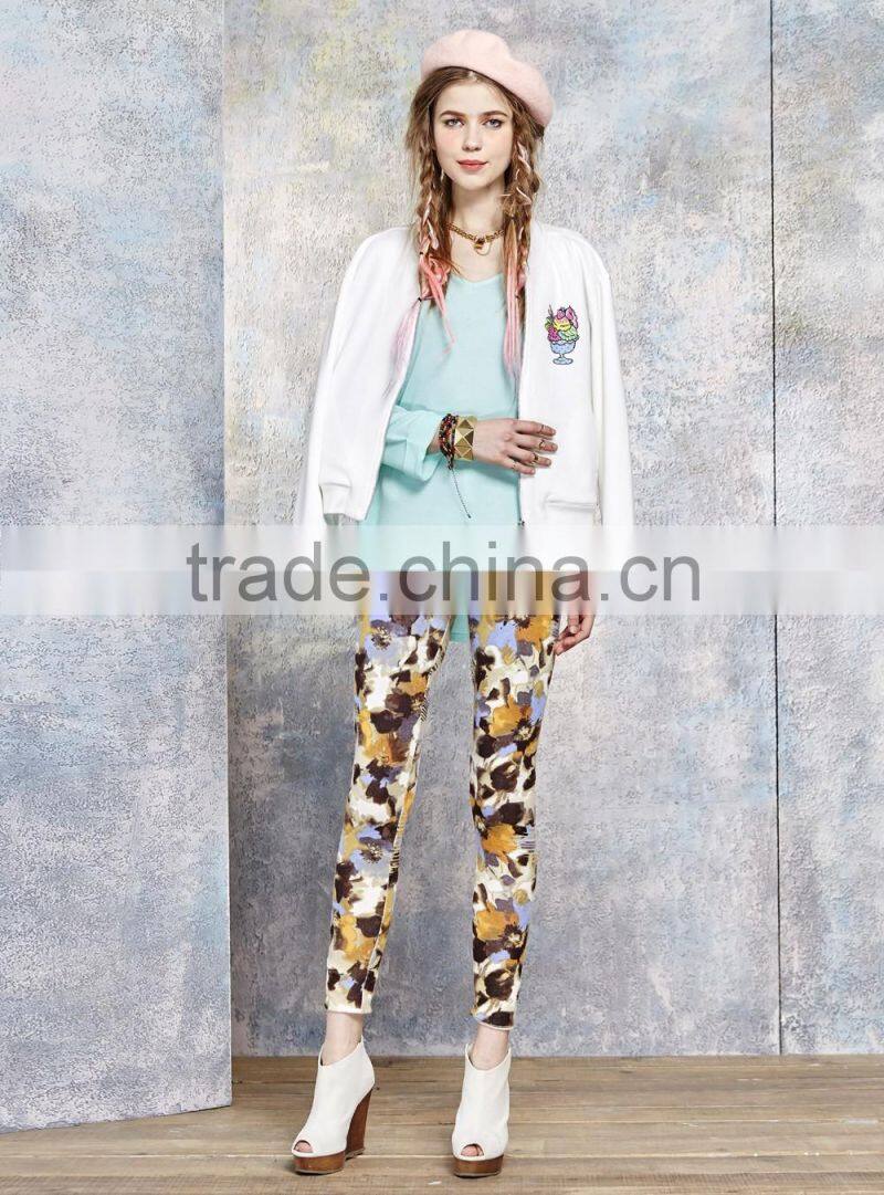 slim fit fancy printed custom white bomber baseball jacket for women