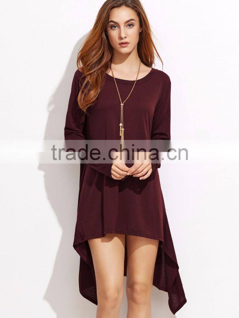 Burgundy Dip Hem Tee Dress With Long Sleeve Polyester Spandex Casual Plain Boat Neck High Low Hem Short Dress
