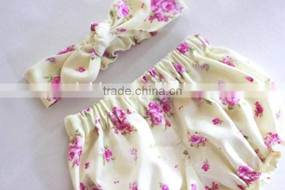 Light yellow floral baby bloomers girl fashionable underwear match headband