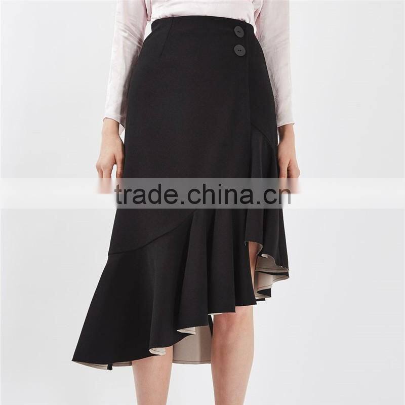 2017 OEM Spring Retro Crepe Black Bonded High Waisted Midi Skirt