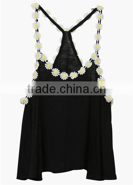 Black Daisy Embellished Lady Sleeveless Tank Top