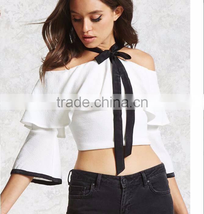 flare sleeve high waist crop top off shoulder self-tie front tops