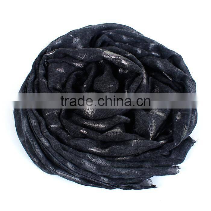 Cotton Polyester Blend Scarves & Wraps Rectangle Silver Black Feather Fashion Scarf 2017