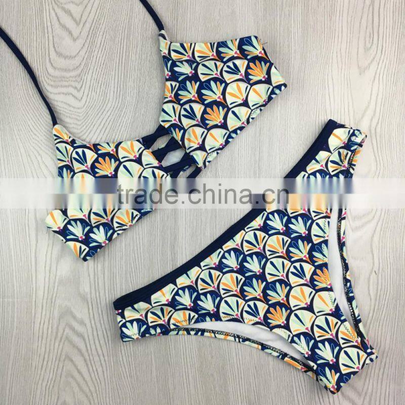 white lace halter printed swimwear bikini/yzh fancy bikini swimwear/ fancy bikini set swimwear beachwear