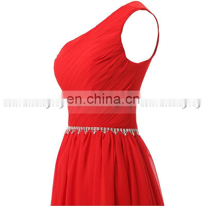Wholesale Latest Design One Shoulder Floor-Length Red Chiffon Beaded Long Bridesmaid Dresses SD343