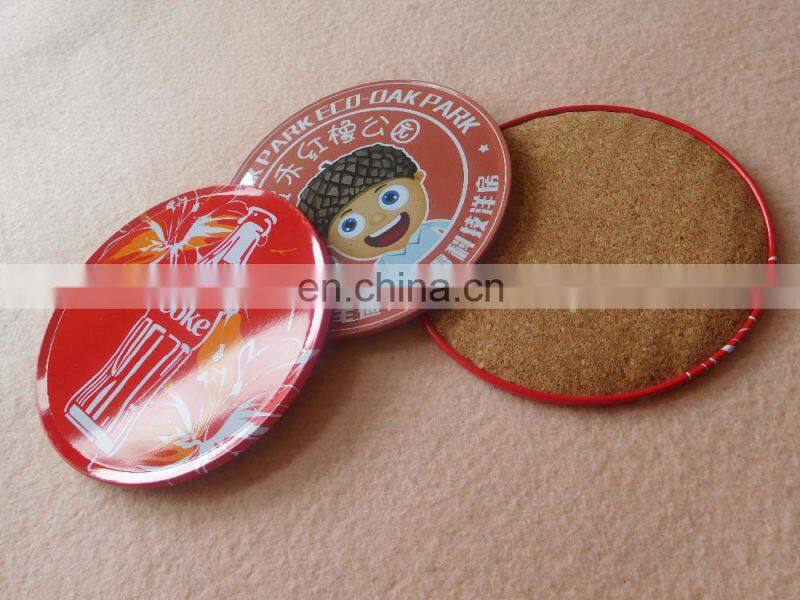 Custom printing logo round tin coaster with cork back