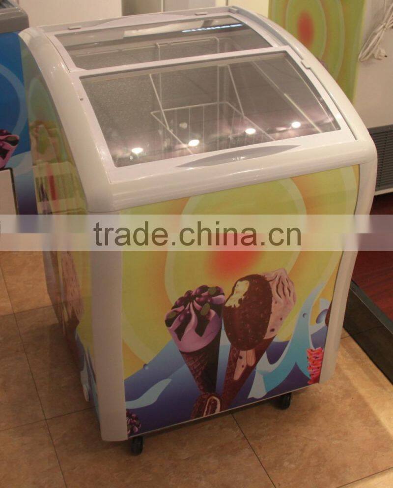 Curved sliding glass door popsicle display chest deep freezer manufacturer