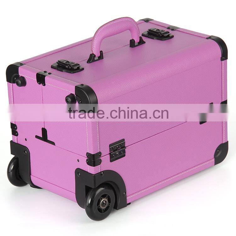 Purple professional rolling trolley makeup case with compartments for nail polishing artist