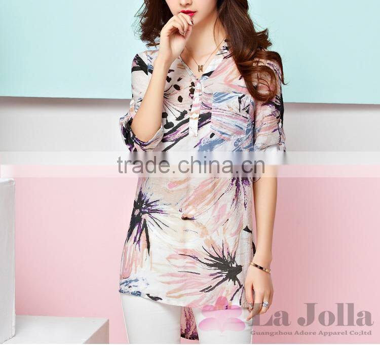 Latest Summer Fashion Ladies Long Style Flower Printed Chiffon Short Sleeves T-shirt 111