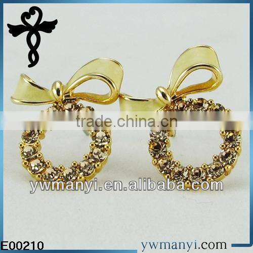 2014 new fashion ladies stud designs k gold color enamel rhinestones latest trends bow tie earrings in zinc alloy jewelry E00210