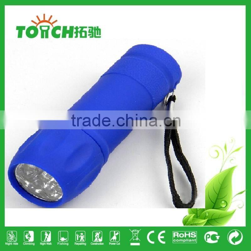 super bright Promotion mini 9 LED flashlight with rubber coating for outdoor camping use AAA battary mini 9 leds lamp