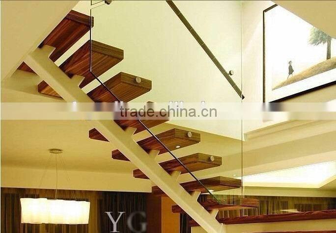 stainless steel wood tread straight stairs with glass handrail China supplier