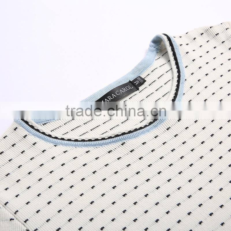 Lady 's knitted round neck jacquard 3/4 sleeve dress