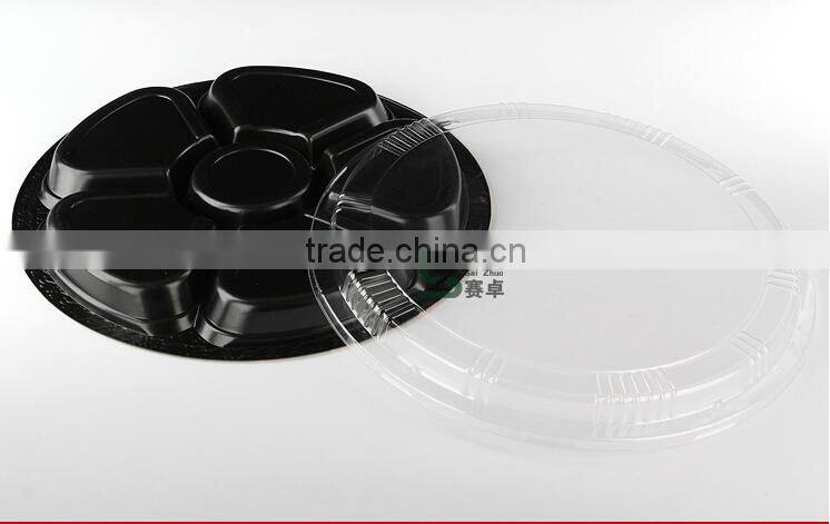 13" round embossing sakura PS plastic 6 compartment disposable food tray