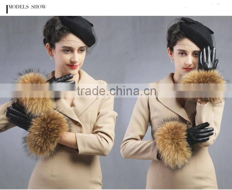 Women Girls Winter Plush Raccoon Fur Leather Mitten Gloves Warm Driving Gift
