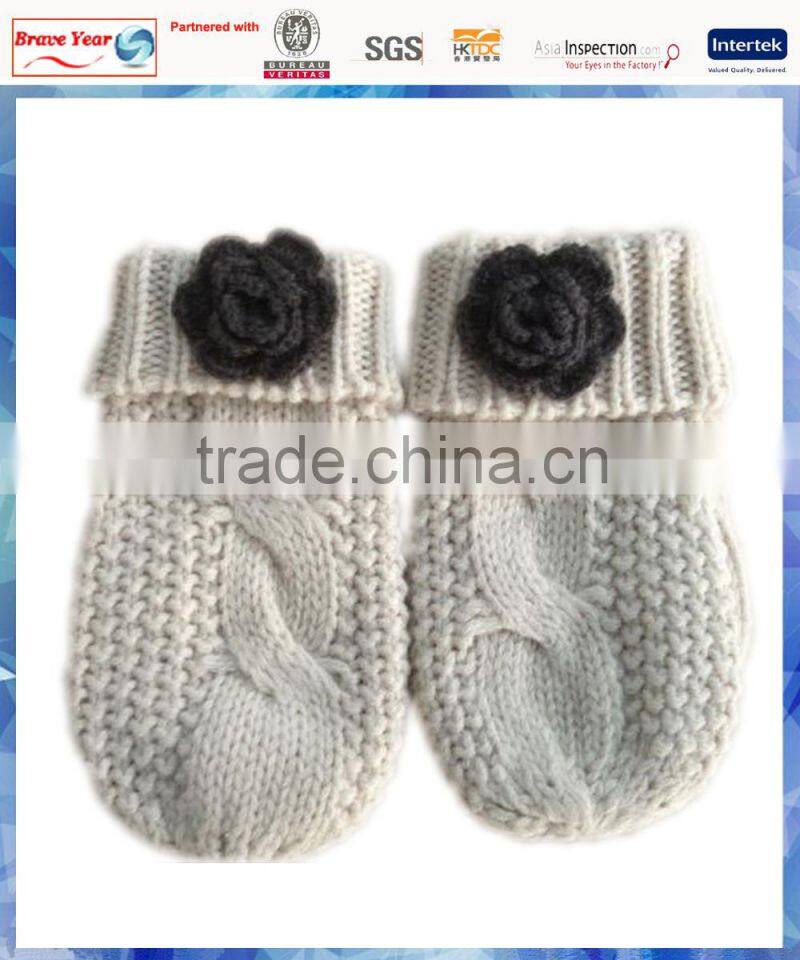 kids beige cable cotton knitted gloves mitten with crochet flower