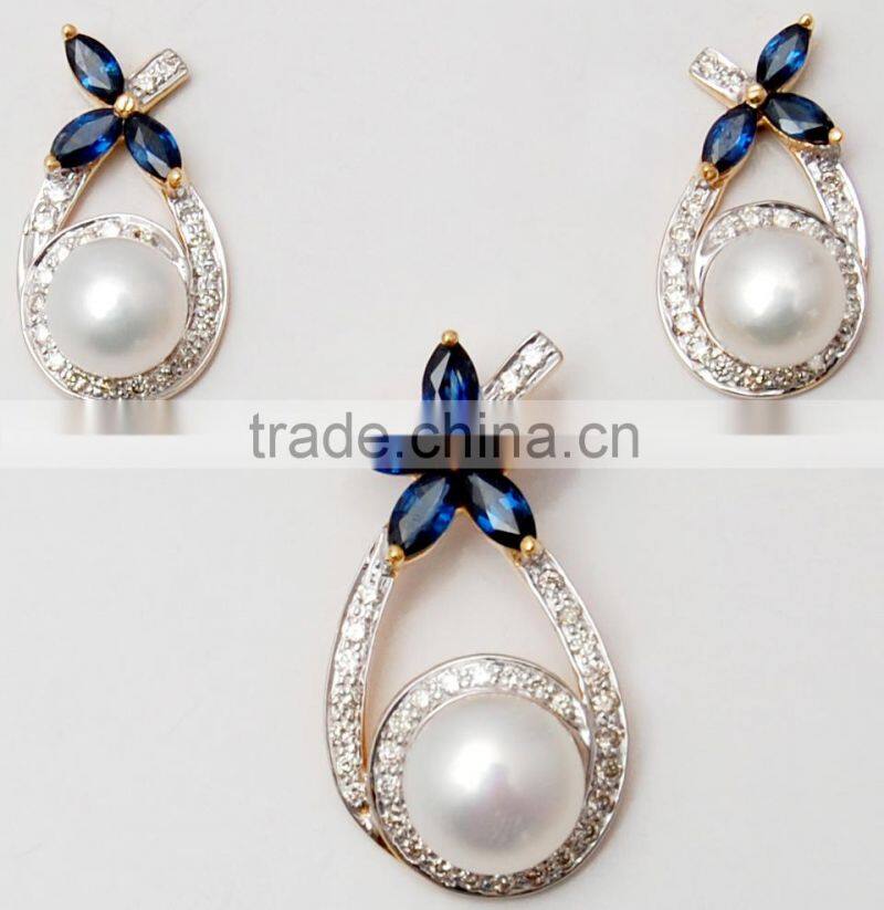 White Sea Water Pearl Marquise Tanzanite White Gold Pendant Earrings