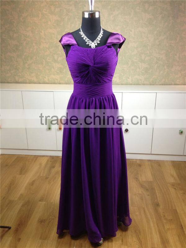 Generous cap sleeves dark purple bridesmaid dress 2015 chiffon maxi evening long dress for muslim women guangdong factory made