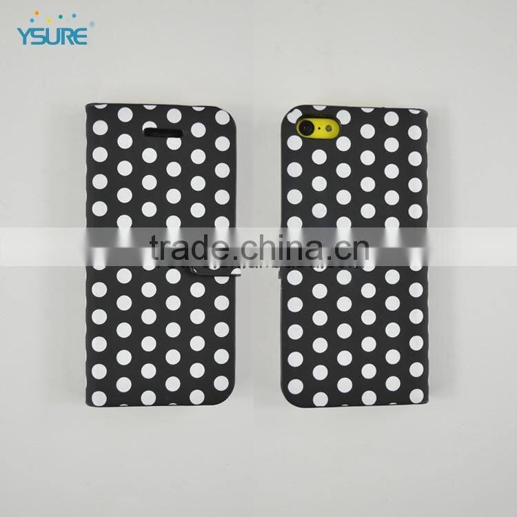 Simple Style PU leather case For iPhone 5c with White Spot , big magnet and support ability that easy to watch video