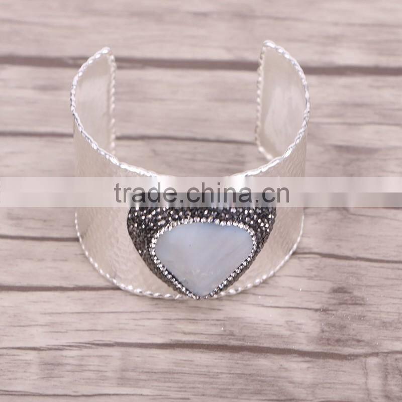 Silver Plated Brass Bangles, Natural White Shell with Pave Crystal Jewelry Druzy Bangles in Adjustable Size