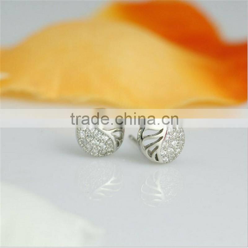 round leaf shaped zircon gold plating lady elegant stud earring circle silver