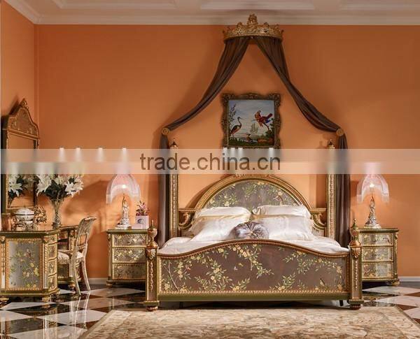 Antique Wood Carving Curio Dinning Room Table, Exquisite Gold Painted Round Dinning Table, Classical Drawing Art Dinner Table