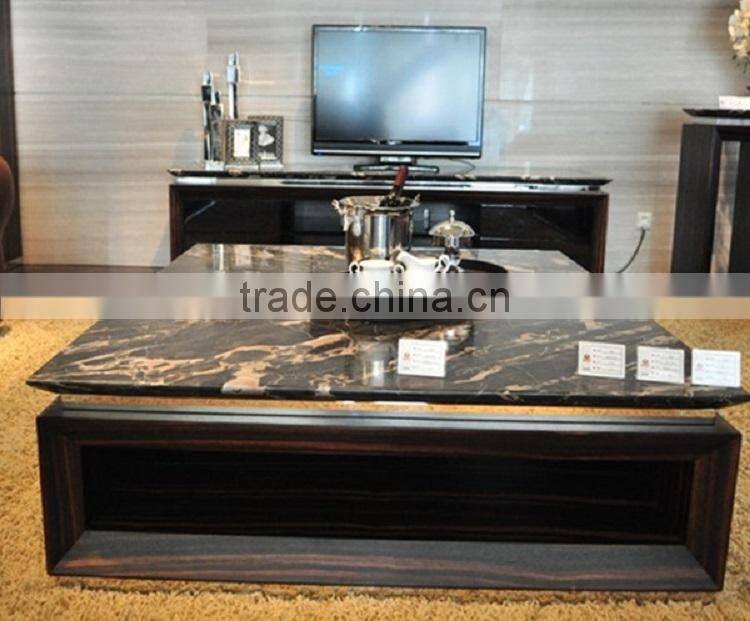 Square Travertine marble top wooden base coffee table