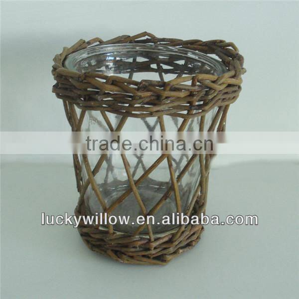 wholesale small round wicker basket with glass bottle candle holder