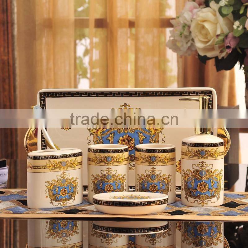 Royal Elegant European Style Golden Ceramic Bathroom Accessory Set in 6 Pcs, Classic Bathroom Set Cup, Dispenser BF12-03254c