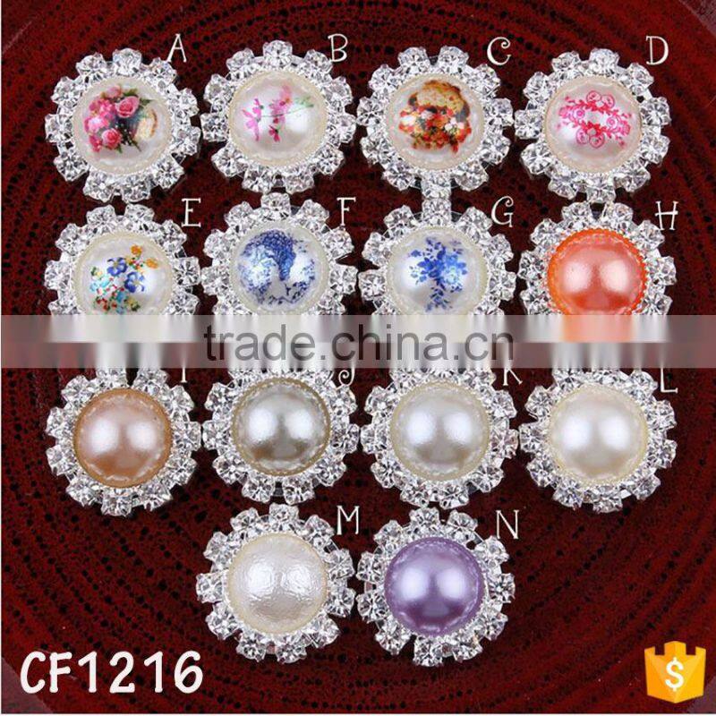 2016 Top fashion flower printed rhinestone around pearl button