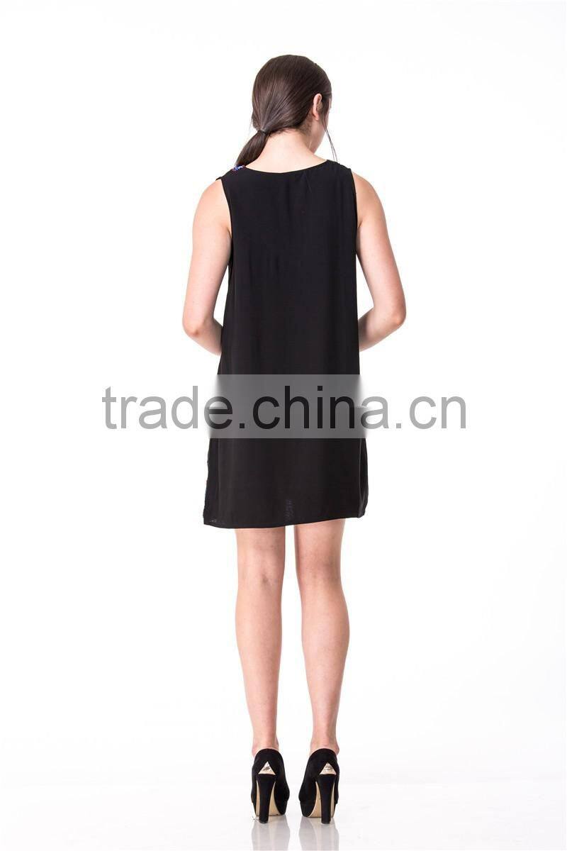 Beaded Embroidery Shift Dress Factory Price Accept Small Order V-neck Sleeveless Dress in Navy Blue Women Dress