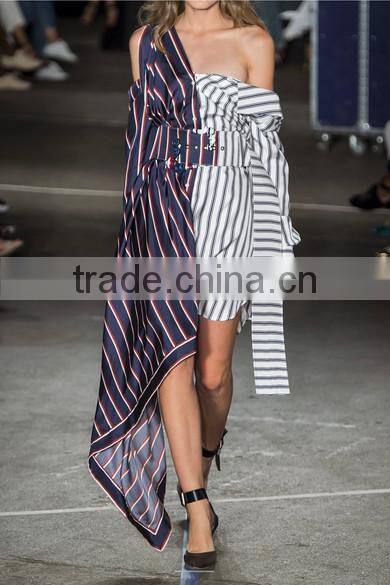 Plus size Off-the-shoulder asymmetric striped shirt with long sleeve