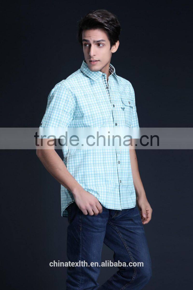 Fashion Short Sleeve Casual Design High Quality 100%Cotton Check Men Shirt