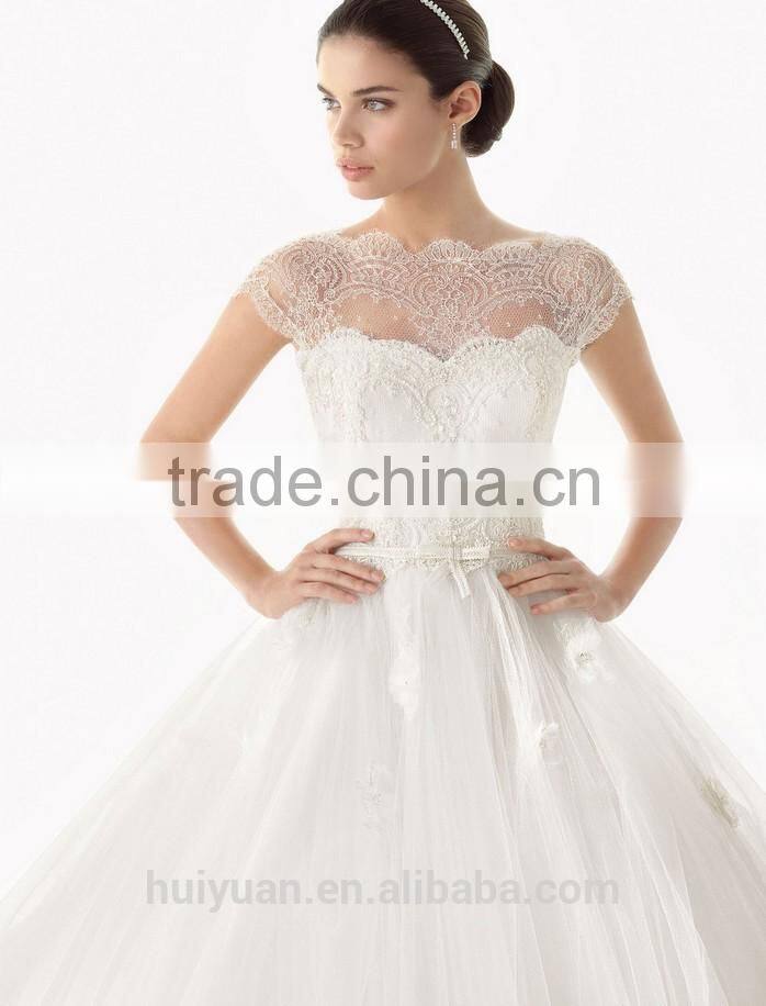 latest designs lace ball gown wedding dress with cap sleeves