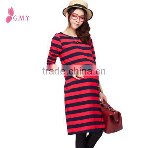 Red and black striped knitted maternity dresses, long sleeve cotton T-shirt dress for pregnant