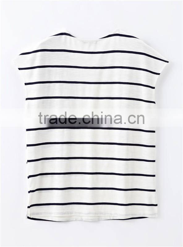 European American style leisure loose knitting minimalism round collar short sleeve stripe T-shirt