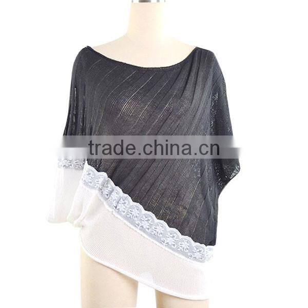 Women blockcolor batwing sleeve seamless knit pullover