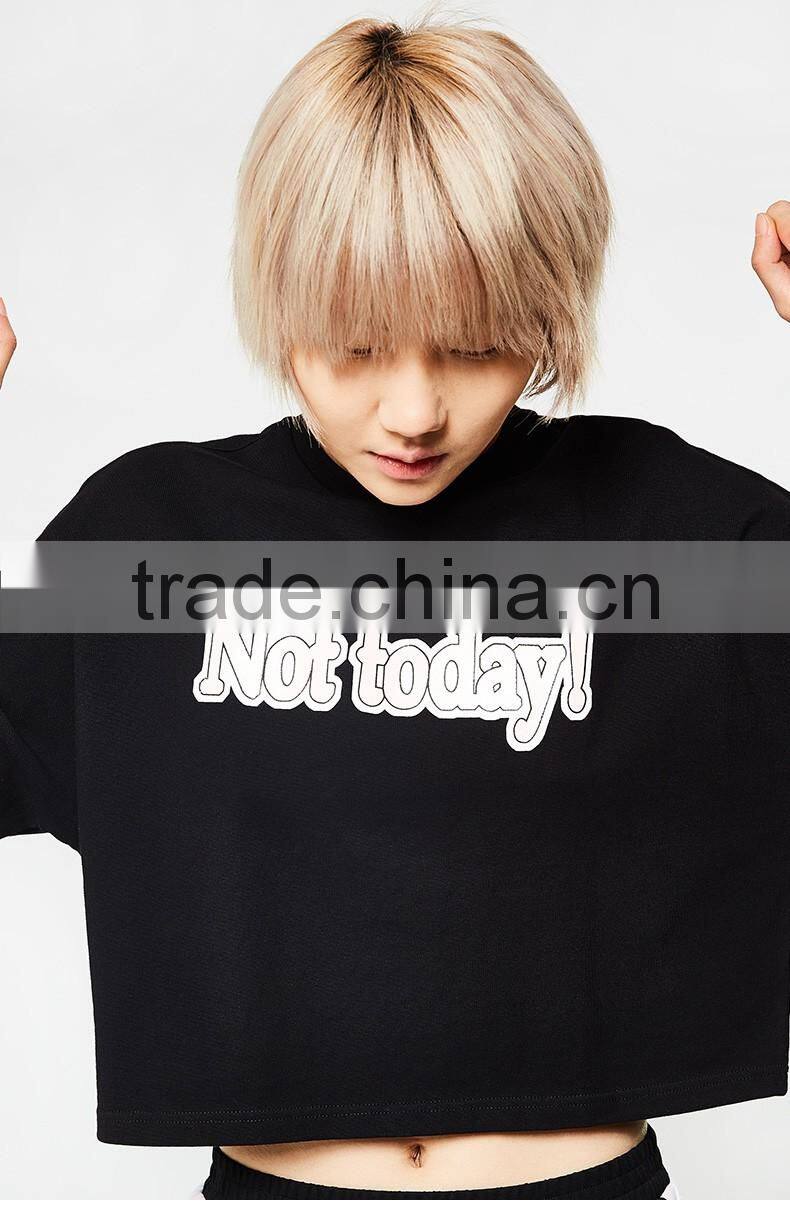 2017 Women 100% cotton patch emboridery drop shoulder Crop Top T Shirt women