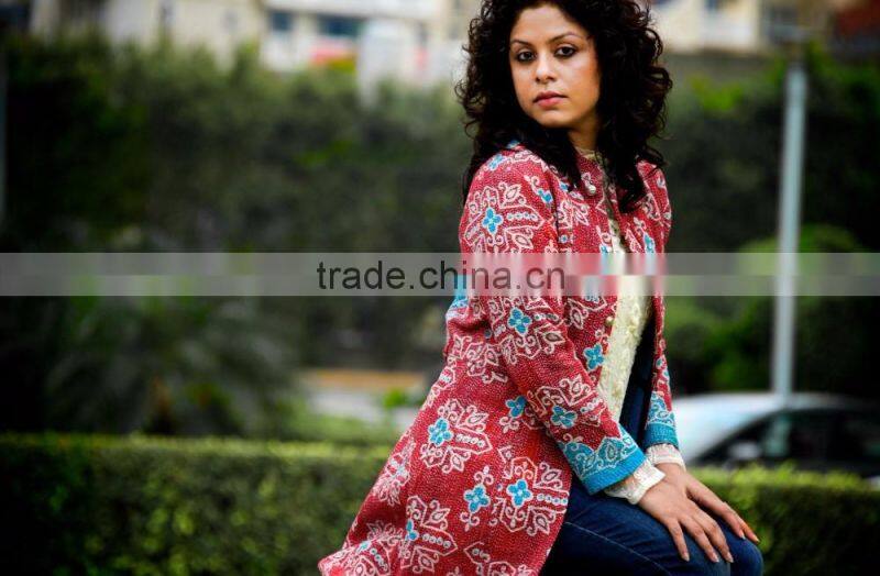 Vintage Kantha Long Jacket in Turquoise and Red ~ Extra Small