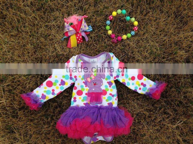2015 baby easter rompers baby girls rompers with tutu dress long sleeve with matching bow and necklace set