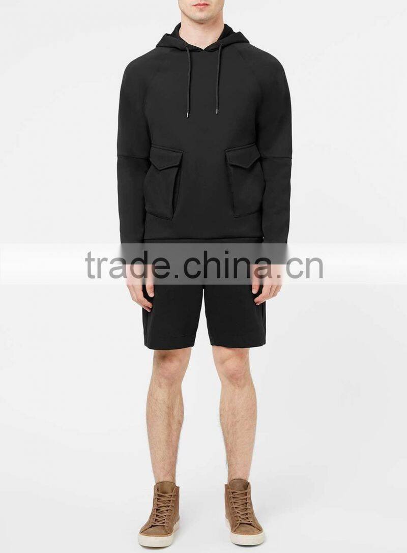 Classic fit custom made black hoodie wholesale front pockets plain hoodies for men 2016