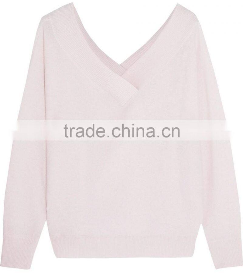 High Quality 100% Cashmere Ladies Slips On V-Neck Sweater with Ribbed Trims