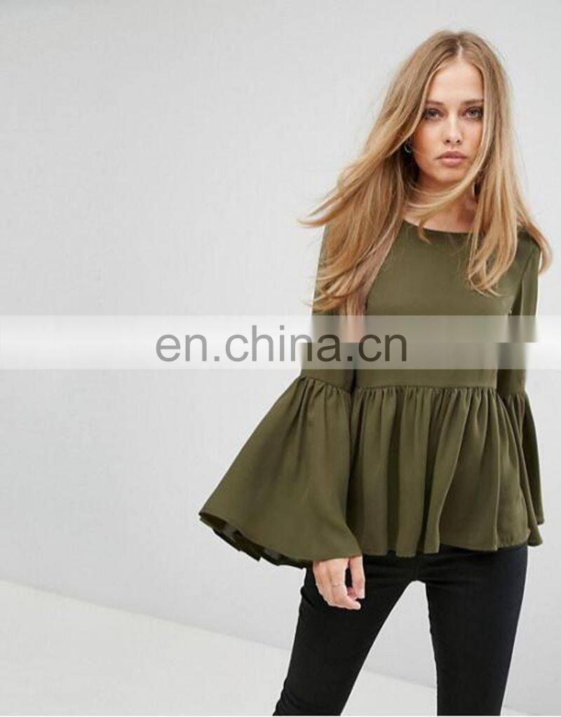 New design chiffon flared sleeves woman blouse tie V-back girl top