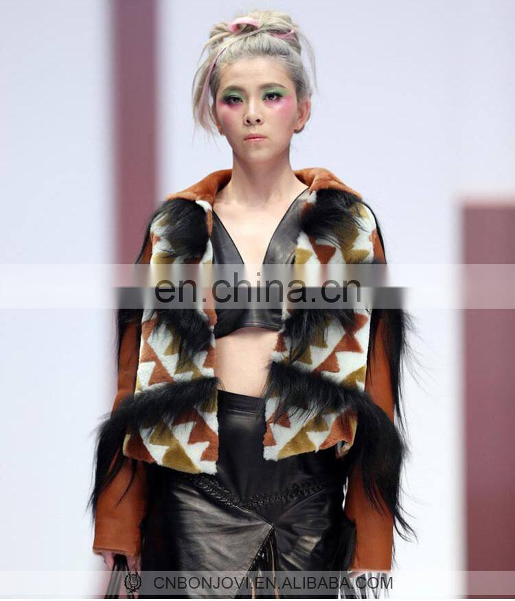 Wild Style Multicolored Goat Fur Coat Checked Merino Sheep Fur Jacket With Goat Fur Tassel Winter Women's Fashion Overcoat