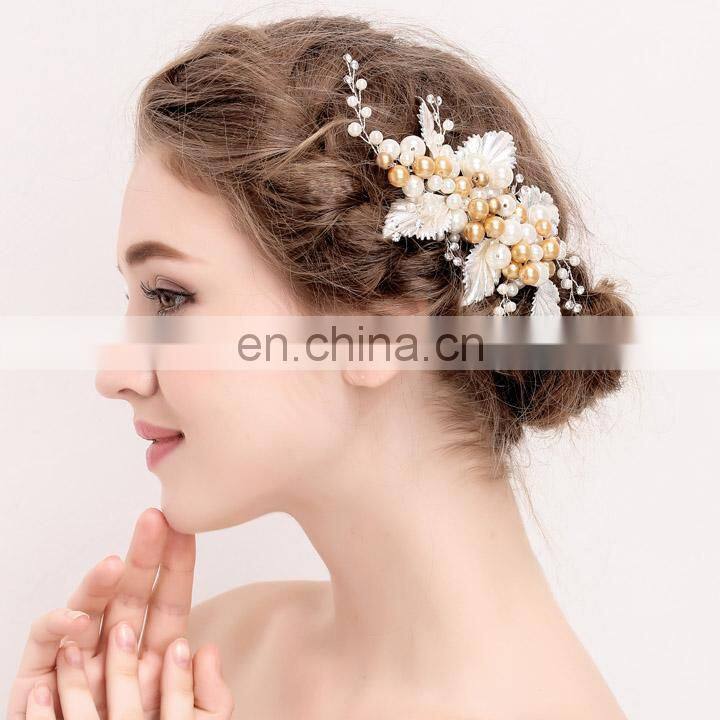 Amelie Handmade Women Hair Jewelry Alloy Leaves and Pearls Accessories Wedding Hair Clip Bridal Headwear Headpiece Prom Boho