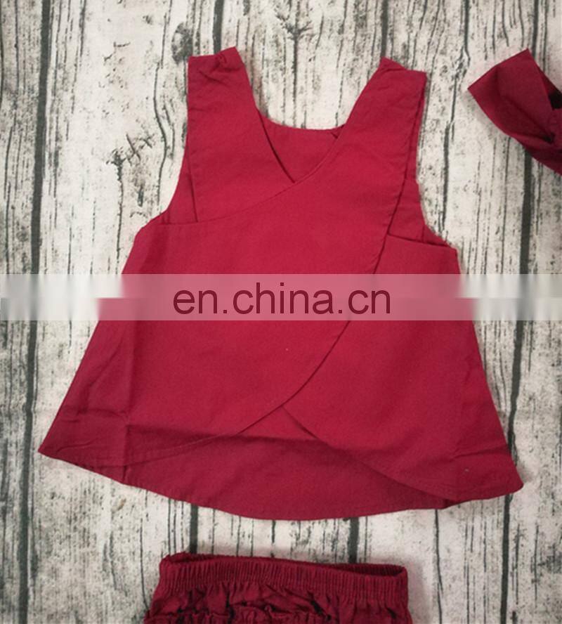 2019 Summer red girls dress & ruffle bloomer pants & headband 3pc set