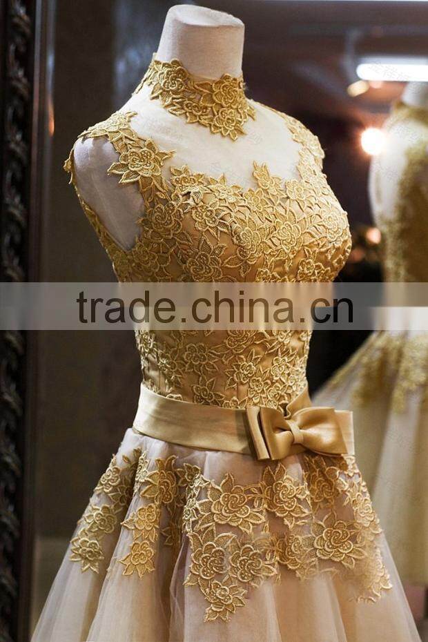 2014 Sweet A-Line High Neck Sleeveless with Appliques Party Dress