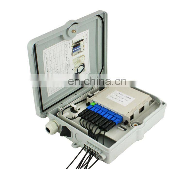 MT-1401 Cheap price pole mount type outdoor waterproof PP plastic 8 core small fiber optic junction box with 1x8 PLC splitter