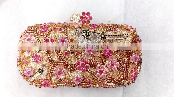 luxury flowers and bird pattern box clutch crystal stone evening bag