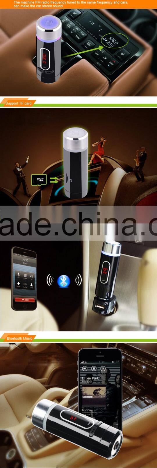 2015 New Arrival 3 in One Car Charger FM Transmitter A2DP Wireless Bluetooth Car Kit
